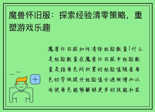 魔兽怀旧服：探索经验清零策略，重塑游戏乐趣